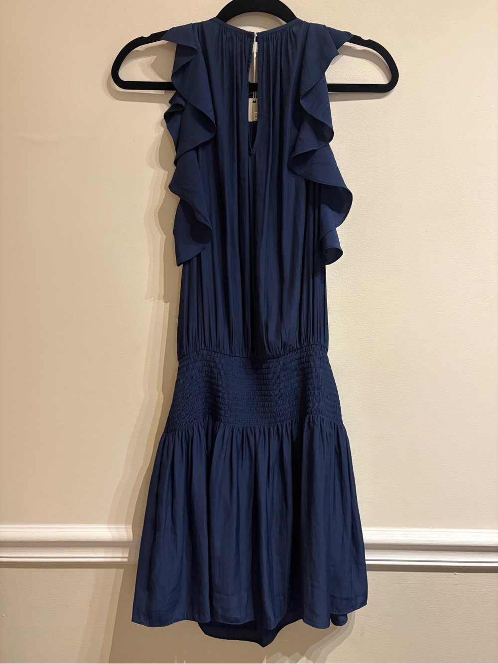 Ramy Brook NWT Rembi Ruffle Detail Smocked Waist Navy Blue Mini Dress Sz Medium - Picture 3 of 9